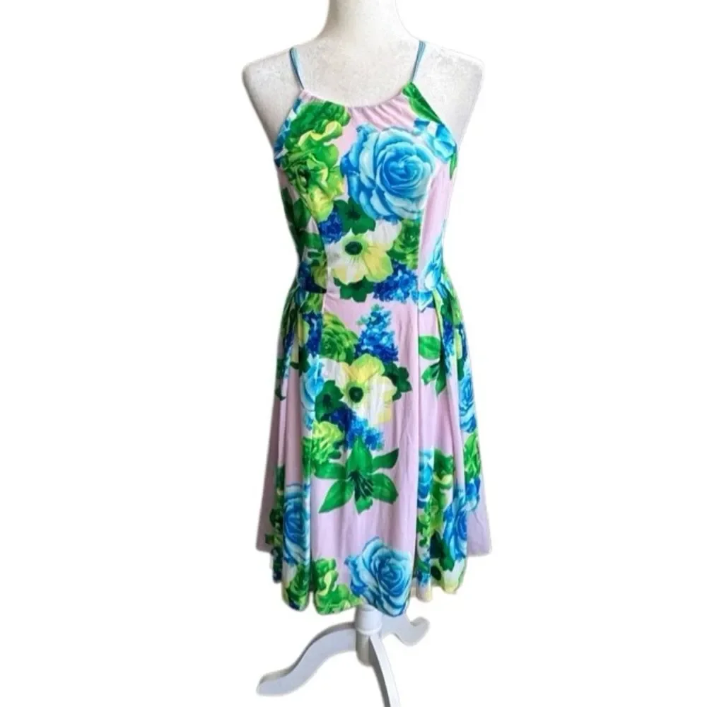 Antropologie Eva Franco Floral Pink Dress Halter Top Keyhole Rare Romantic SZ S